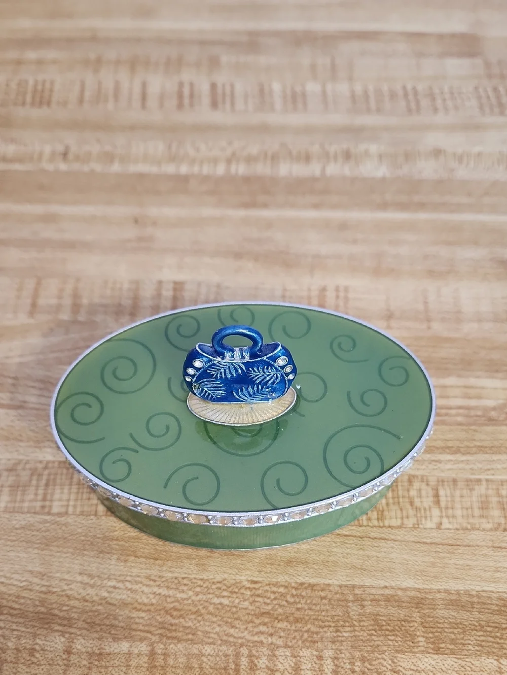 Green Enameled Metal Trinket Box decorated with rhinestones